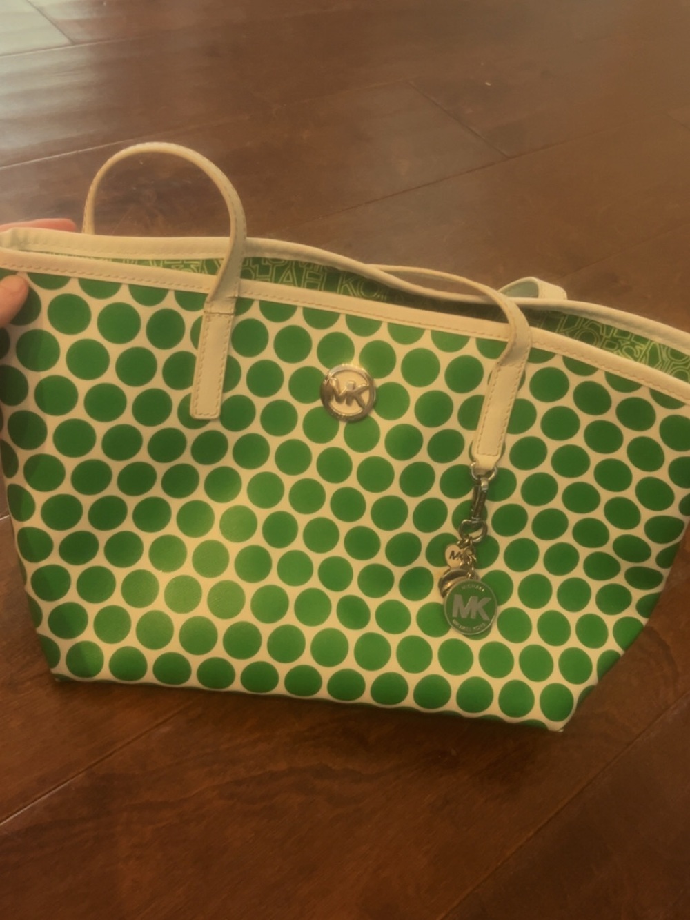 Michael Kors Green and White Polka Dot Tote